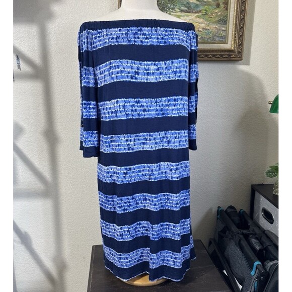 Michael Kors Summer Midi Dress Sz Med Tie Dye Stripe Off Shoulder 100% Viscose - Picture 1 of 10